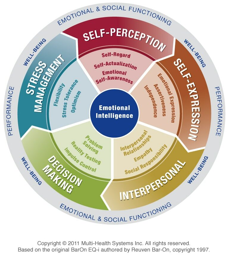 Emotional Intelligence diagram detailing to key areas of EQ including; stress management, self perception, self-expression, interpersonal, and decision making  